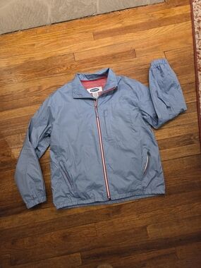Old Navy Men's Blue Windbreaker Jacket with Red-Trim Zipper